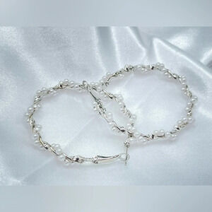 Silver tone pearl hoop earrings